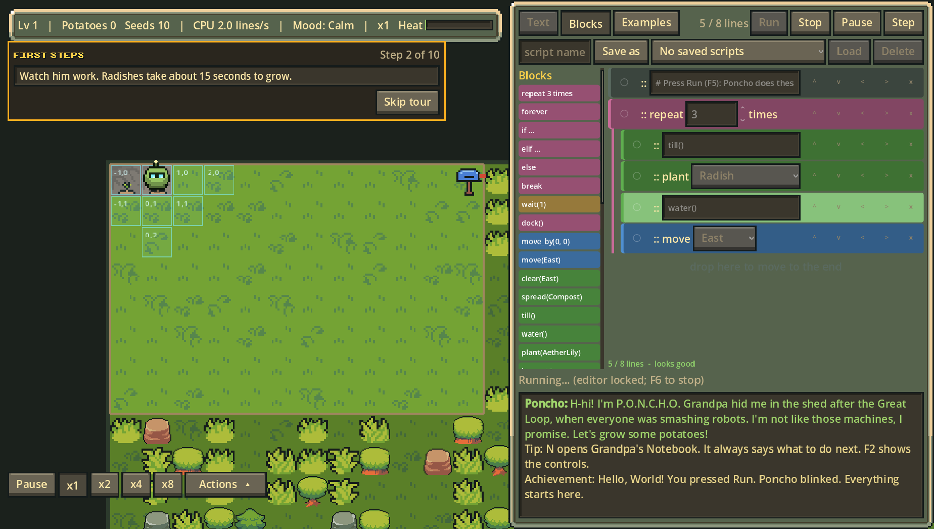 The game: Poncho tilling a row on Grandpa's farm, with the block editor and his chat on the right